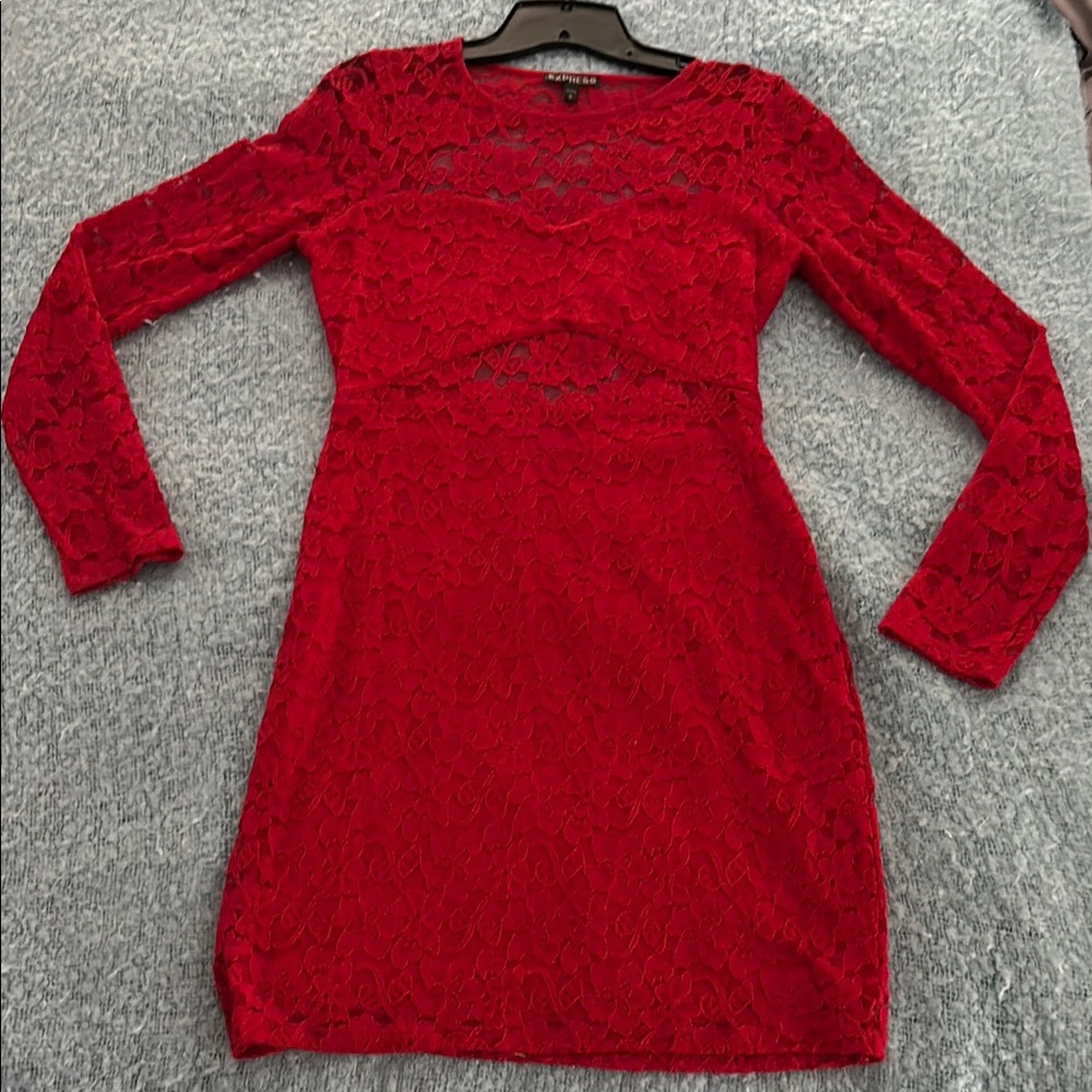 Express Vibrant Red Lace Long Sleeve Dress